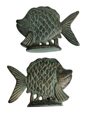 Cast Iron Patina Fish Figure Paper Weights. 
Set of 2